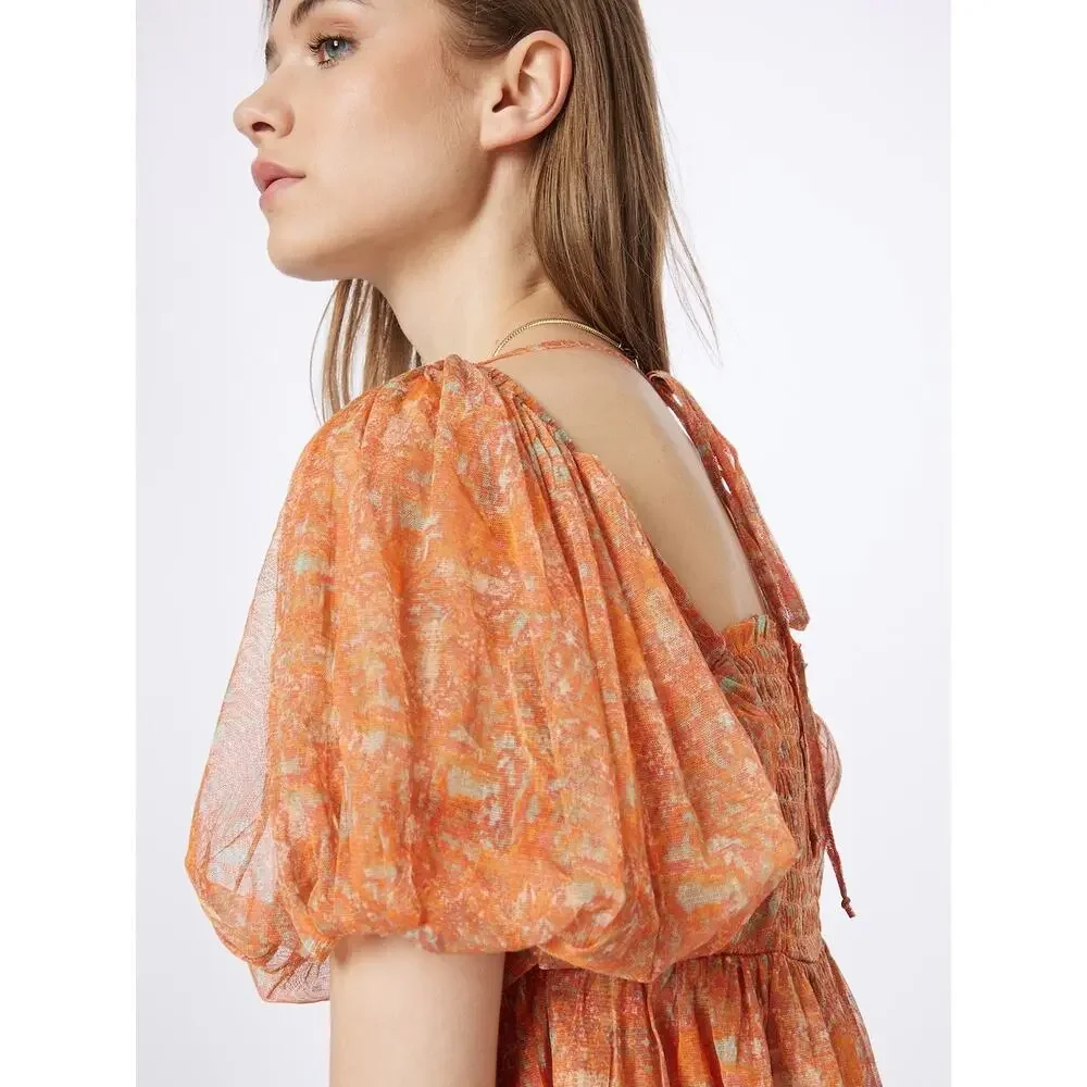 Free People Penelope Blouse Smocked Peplum Dark Orange Mesh Puff Sleeve Top  XS